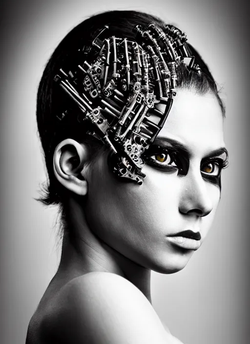 Image similar to a stunning young woman mixed crow mixed cyborg profile face, face is made intricate tribal bio - mechanical, editorial photography, bw, shot on 7 0 mm, depth of field, f / 2. 8, high contrast, 1 6 k, volumetric lighting, shiny, insanely detailed and intricate, hypermaximalist, elegant, ornate, hyper realistic, super detailed