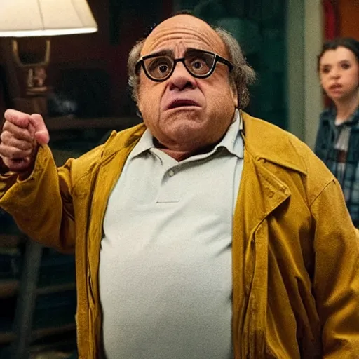 Image similar to A still of Danny Devito in Stranger Things