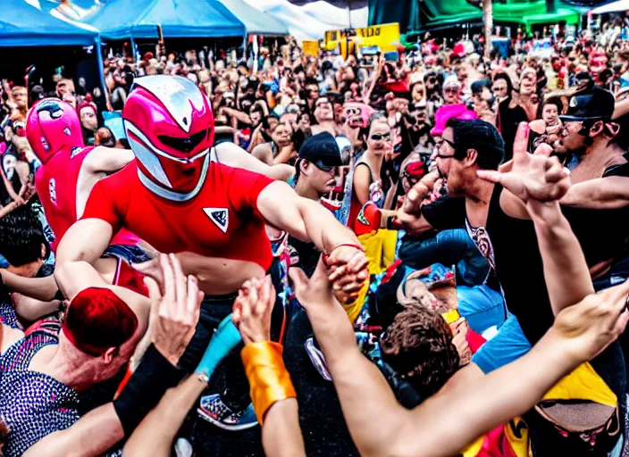 Prompt: photo still of putties from power rangers at the vans warped tour!!!!!!!! at age 3 6 years old 3 6 years of age!!!!!!!! stage diving into the crowd, 8 k, 8 5 mm f 1. 8, studio lighting, rim light, right side key light