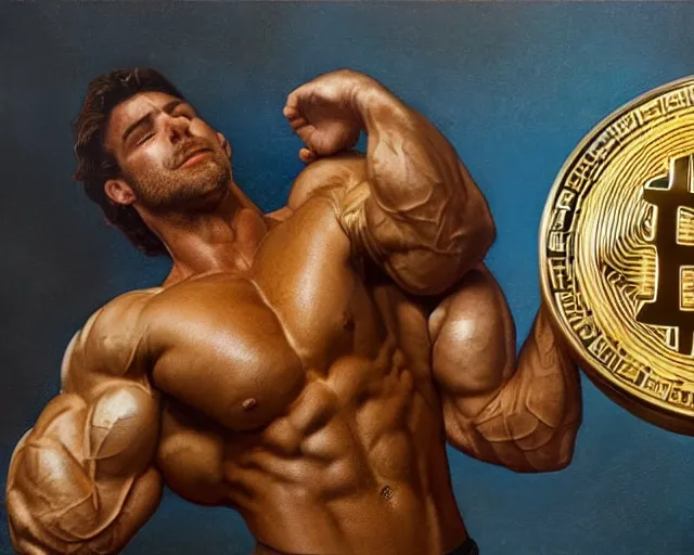 Image similar to attractive muscular bulky man posing in front of a huge golden bitcoin, commercial by annie liebovitz, gaston bussiere, craig mullins, j. c. leyendecker
