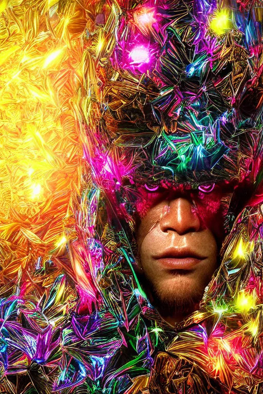 Image similar to hyper detailed ultra sharp portrait of baroque and bladerunner delicate neon ruby sculpture of seductive muscular nick jonas gorilla green radioactive humanoid deity wearing metallic hoody made out of leaves holding the sun prismatic dungeon, glowing rainbow face, crown of white diamonds, cinematic lighting, photorealistic, octane render 8 k depth of field 3 d