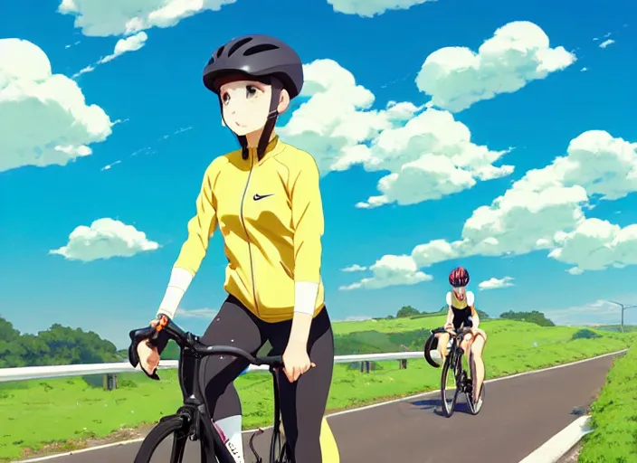 Prompt: portrait of cute girl riding road bike, sunny sky background, lush landscape, illustration concept art anime key visual trending pixiv fanbox by wlop and greg rutkowski and makoto shinkai and studio ghibli and kyoto animation, symmetrical facial features, sports clothing, yellow helmet, nike cycling suit, backlit, aerodynamic frame, orange handlebar, realistic anatomy