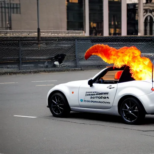 Prompt: a mazda mx-5 jumping through a hoop on fire, a crowd of people are sitting on benches in the background, there's a shark in a tank visible