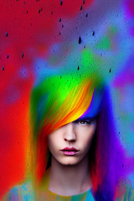 Image similar to a woman standing in the rain with rainbow hair, digital art, 8 k