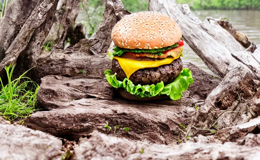 Image similar to a hamburger in a swamp, product photography