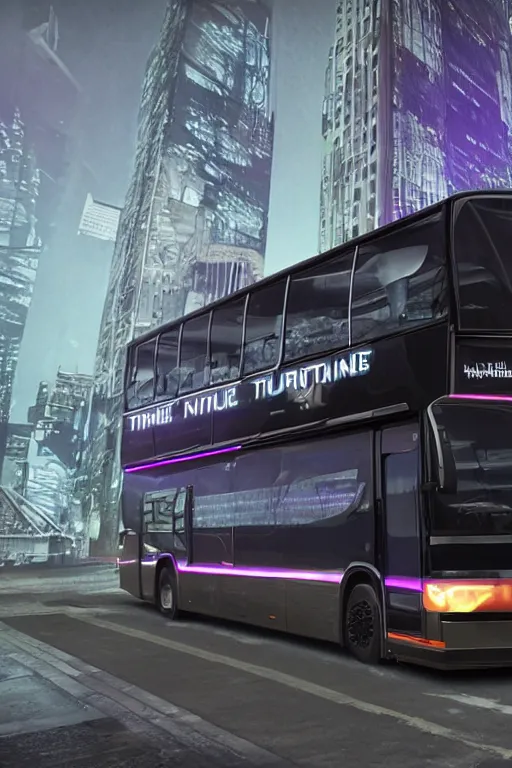 Image similar to photo of a futuristic nightliner tourbus outside in new york at night, printed band name on the nightliner is tripmachine, realistic digital art, textured with a 3 d render of a huge futuristic steampunk generator, 8 k, fluorescent colors, halluzinogenic, multicolored, exaggerated detailed, unreal engine