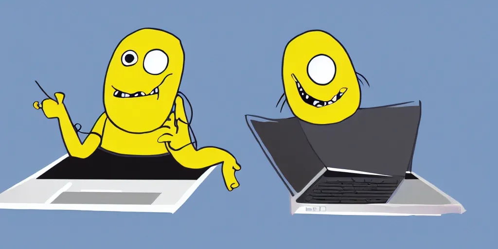 Prompt: a yellow striped monster in panic while working on a laptop