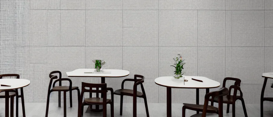 Prompt: a beautiful simple interior 4 k hd wallpaper illustration of small roasted string hotpot restaurant restaurant yan'an, wall corner, from china, pagoda hill paper wall and white tile floor, rectangle white porcelain table, black chair, fine simple delicate structure, chinese style, simple composition, simple style structure decoration design, victo ngai, 4 k hd