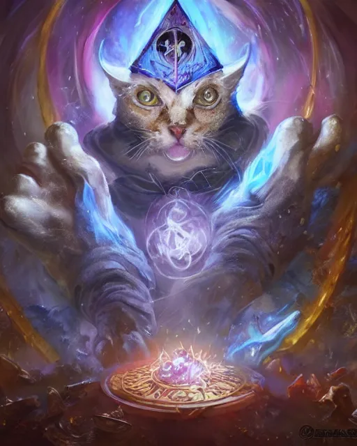 Prompt: Cat Magus, spell, Tzeentch, magic the gathering artwork, D&D, fantasy, cinematic lighting, centered, symmetrical, highly detailed, digital painting, artstation, concept art, smooth, sharp focus, illustration, volumetric lighting, epic Composition, 8k, art by Akihiko Yoshida and Greg Rutkowski and Craig Mullins, oil painting, cgsociety