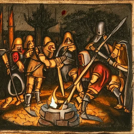 Image similar to Medieval knights gathered around a firepit surrounded by werewolves