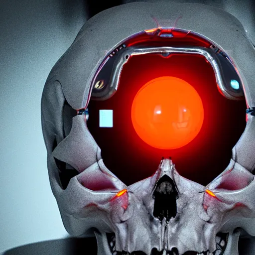 Prompt: real human skull with robotic circular orange light electronic eyes in eye sockets, cyberpunk, futurism