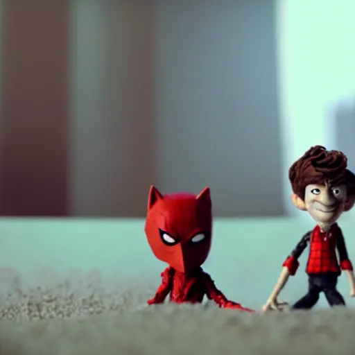 Image similar to a cinematic film still of a claymation stop motion film starring emma stone as red hood and andrew garfield as wolf, brunette hair, shallow depth of field, 8 0 mm, f 1. 8