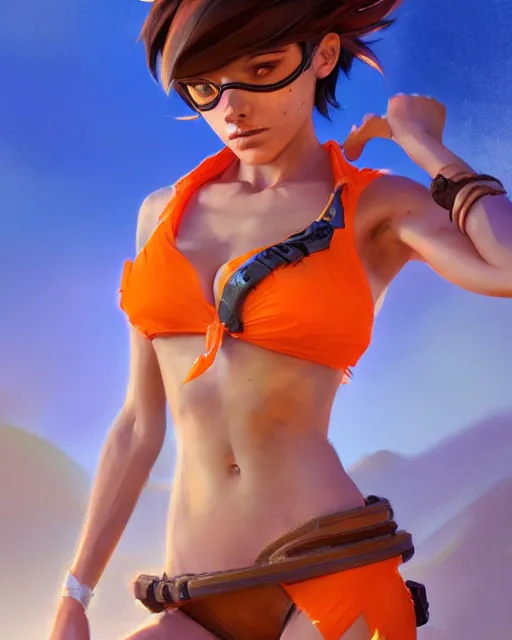 Image similar to play of the game of tracer wearing orange bikini, perfect face, brown hair, abs, cinematic, stunning, cute, adorable, strong, highly detailed, psychedelic, digital painting, artstation, smooth, hard focus, illustration, art by jessica rossier and and brian froud