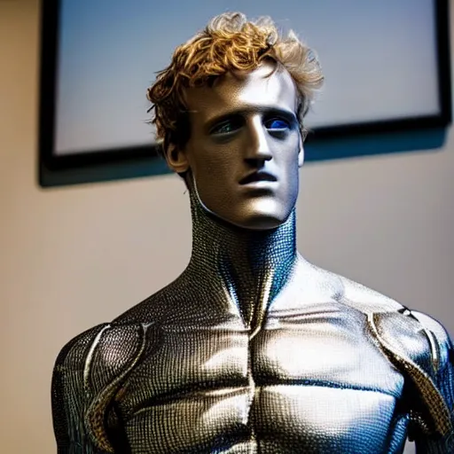 Image similar to a realistic detailed photo of a guy who is an attractive humanoid who is half robot and half humanoid, who is a male android, boxer and youtuber logan paul, shiny skin, posing like a statue, blank stare, at the museum, on display