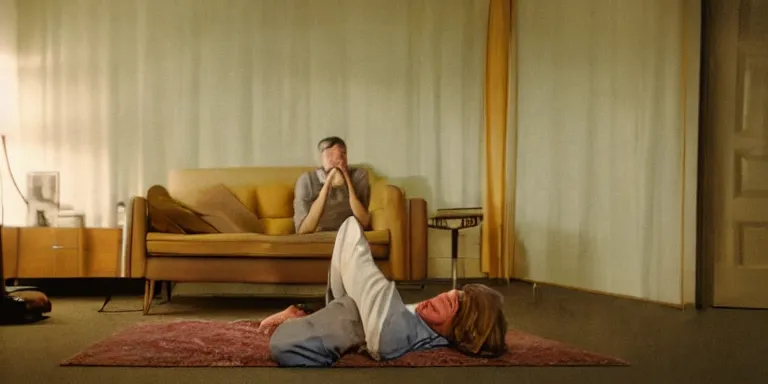 Image similar to photorealistic Cinematography of a man crying on the floor at night in a mid century modern apartment shot on film at magic hour in a room filled with volumetric haze by the shining Cinematographer john alcott on a cooke panchro 18mm lens .