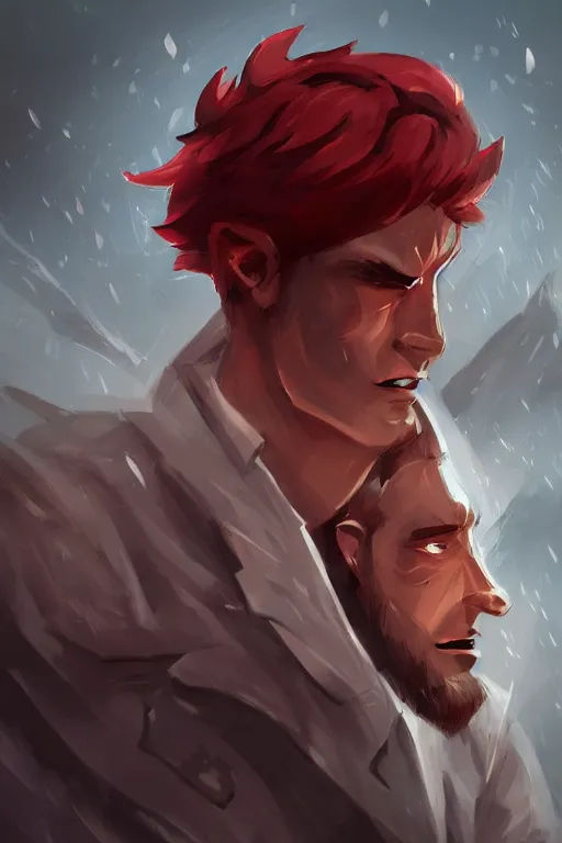 Prompt: A handsome man with a blood red hair in the style of risk of rain, white eyes, fantasy, portrait, sharp focus, intricate, elegant, digital painting, artstation, matte, highly detailed, concept art, illustration, ambient lighting