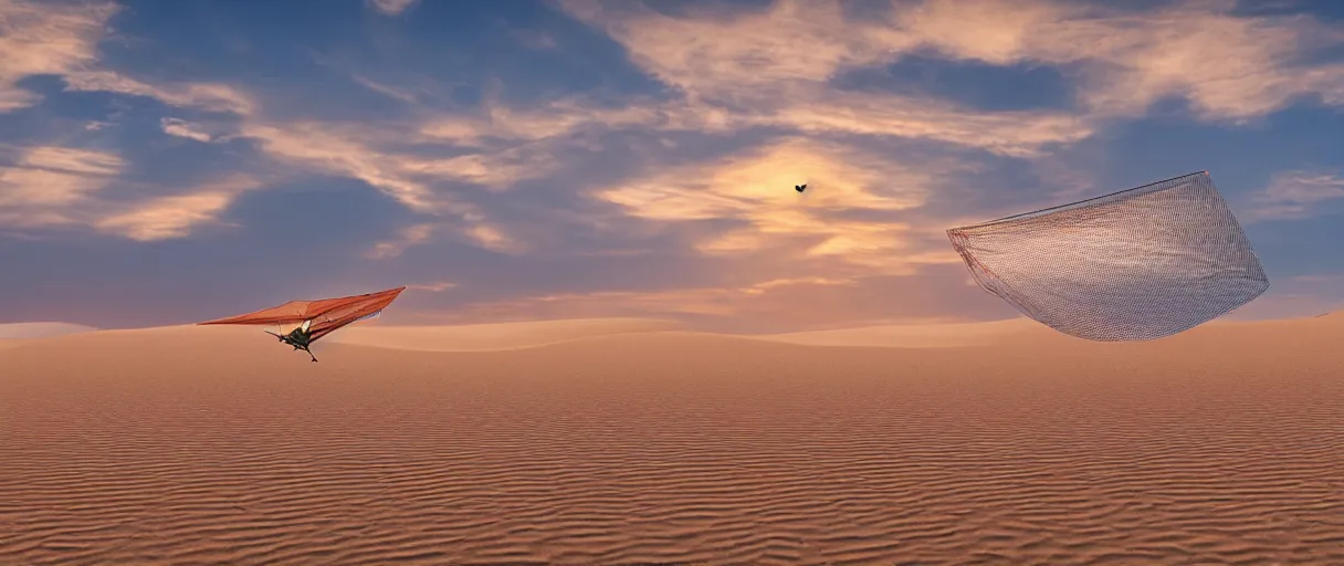 Image similar to an ornithopter on dune, sand worms in the background, light orange sunset, volumetric light, hdr, 8 k, bokeh designed by moebius kow yokoyama