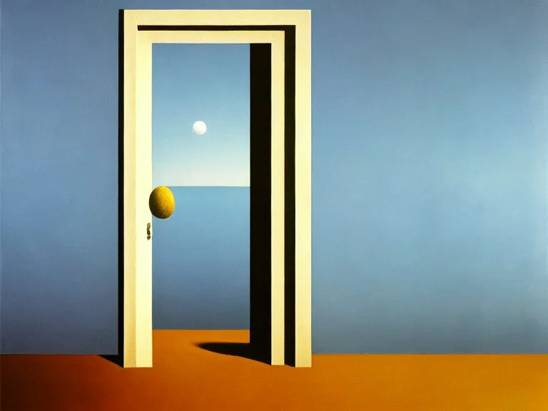 Image similar to a door to nothingness, painting by rene magritte, high detail, high resolution