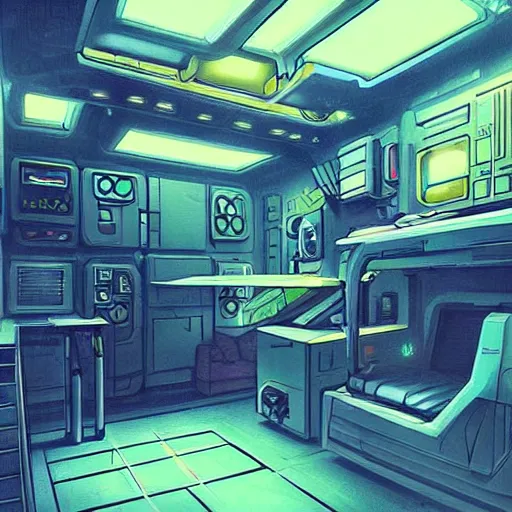 Prompt: “A cyberpunk bunk within a spaceship, D&D sci-fi, artstation, concept art, highly detailed illustration.”