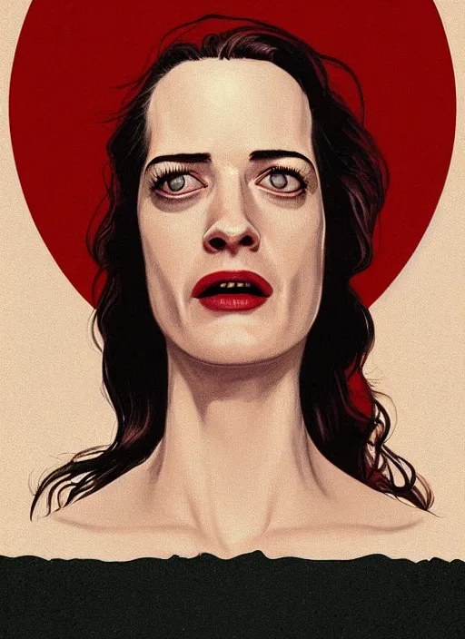 Image similar to twin peaks movie poster art, portrait of a very sweaty eva green with ecstatic face, from scene from twin peaks, clean, simple illustration, nostalgic, domestic, highly detailed, digital painting, artstation, concept art, smooth, sharp focus, illustration, artgerm, donato giancola, joseph christian leyendecker, wlop