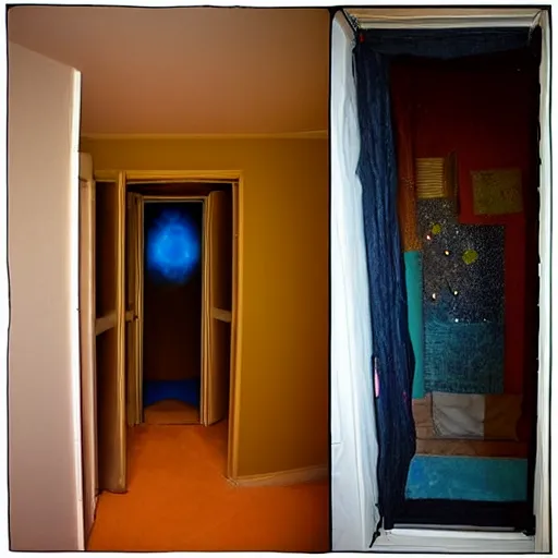 Prompt: portal to another universe located in the bedroom closet.