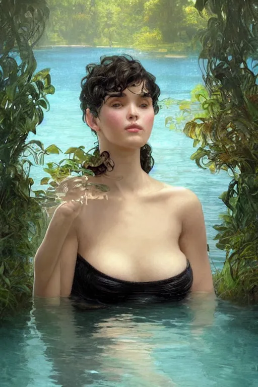 Image similar to beautiful cottagecore of a girl with short black curly hair, round face, cute face, wearing a bikini. Inside the water at a lake. intricate, elegant. highly detailed, digital painting, artstation, concept art, smooth, sharp, focus, illustration. art by artgerm and greg rutkowski alphonse mucha and Marat Safin