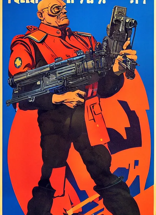 Image similar to soviet propaganda poster. cyberpunk heavy weapons guy. portrait by jean giraud and anton otto fischer and john philip falter and will eisner and gil elvgren