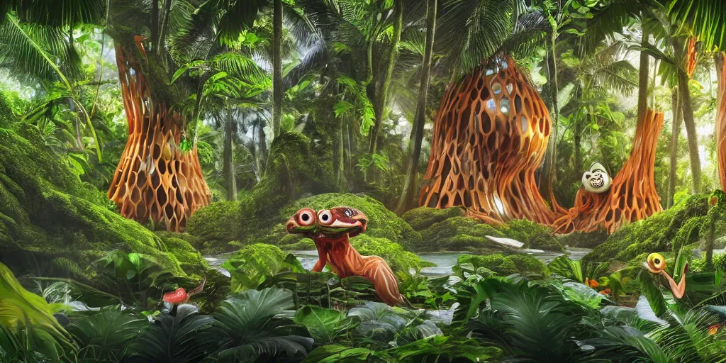 Image similar to of a tropical rainforest lake with strange cute friendly happy creatures with huge eyes, mouth, long tongue, round teeth and goofy face, appearing from the trees, in the style of gehry and gaudi, macro lens, shallow depth of field, ultra detailed, digital painting, trending artstation, concept art, illustration, cinematic lighting, photorealism, epic, octane render