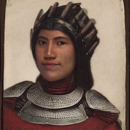 Prompt: head and shoulders portrait of a female knight, quechua!, lorica segmentata, cuirass, tonalist, symbolist, realistic, ambrotype, baroque, detailed, modeled lighting, vignetting, indigo and venetian red, angular, smiling, serpent