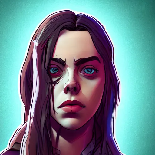 Image similar to billie eilish portrait, borderlands, tales from the borderlands, the wolf among us, comic, cinematic lighting, studio quality, 8 k