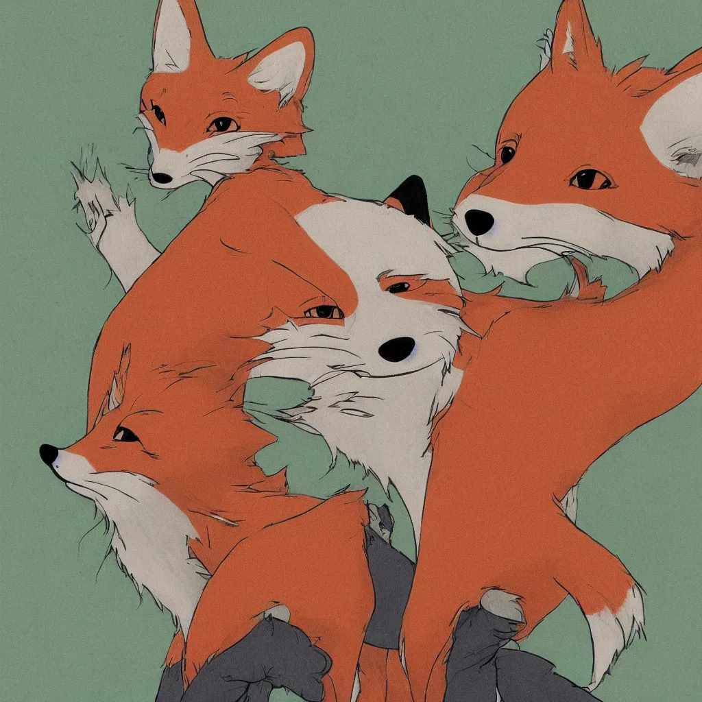 Image similar to an anthropomorphic fox wearing a hoodie by hayao miyazaki