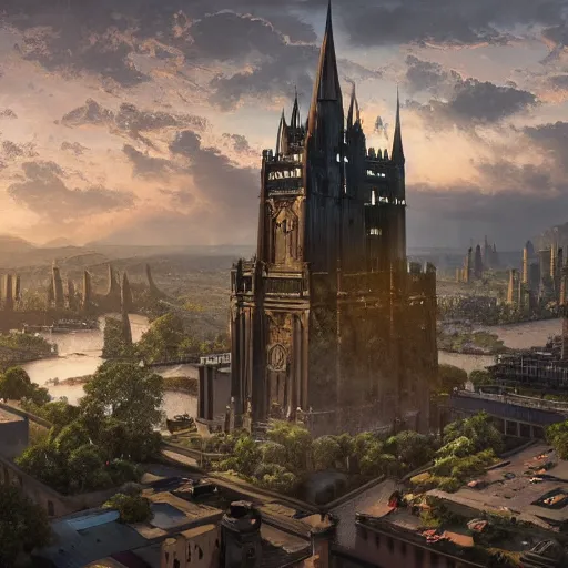 Prompt: an ultra detailed matte painting of the one impossibly tall black spire in the palace district on an island in a river elevated high above the city fortress tower, neoclassical, ultrawide lense, aerial photography, volumetric lighting, exquisite detail, octane render, 8 k postprocessing, art by brandon sanderson and artgerm and greg rutkowski and alphonse mucha