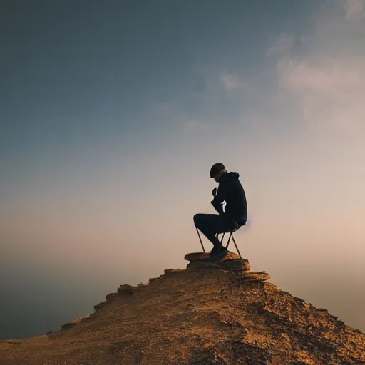 Image similar to man sitting on top peak mountain cliff looking at huge sand tornado