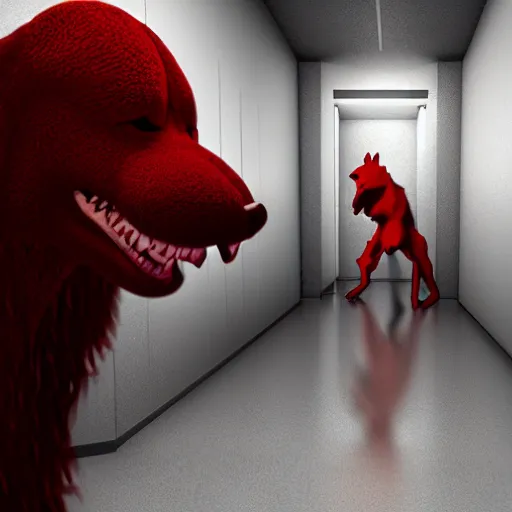 Prompt: the scp foundation mtf fighting off evil clifford the big red dog in a dark laboratory hallway, intricate, dramatic lighting, elegant, hyper realistic, smooth, highly detailed