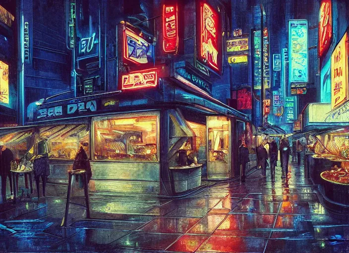 Image similar to the only open cyberpunk blade runner fast food stand in the cyberpunk city during a melancholy rainy night by salvadore dali