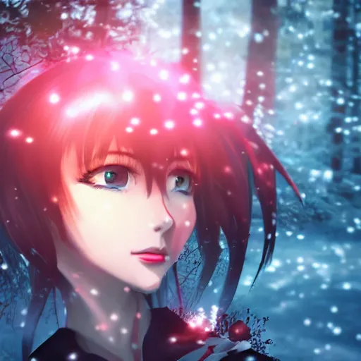Prompt: focus face portrait of beautiful darkness knight 3D anime girl, dark forest background, snowing, bokeh, inspired by Masami Kurumada, digital painting, high contrast, unreal engine render, volumetric lighting, high détail