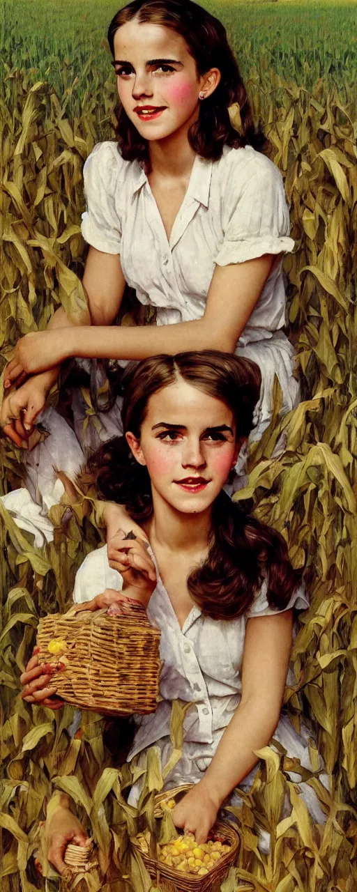 Prompt: photo photorealistic medium shot head and chest portrait photograph Emma Watson picnic in a corn field 1950s portrait by Norman Rockwell