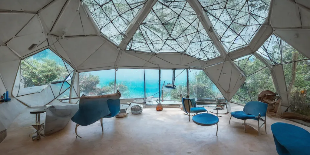 Image similar to interior of a home that is an underwater concrete geodesic dome