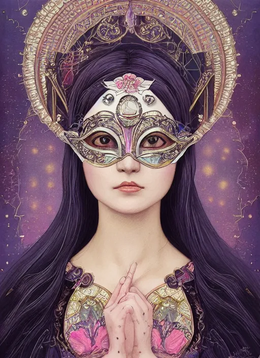 Image similar to “ an adorable woman wear beautifull intricate mask, lolitadress, pastel color, iridescent, highly detailed, tarot card featured on artstation, cgsociety, artgerm, clear symmetrical face, by moebius, kelly mckernan, skeeva and tom bagshaw, 8 k, intricate details, fantasy, character design, concept art ”