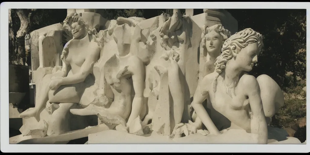 Prompt: Polaroid photo of fragmented greek sculpture of Disney's Elsa