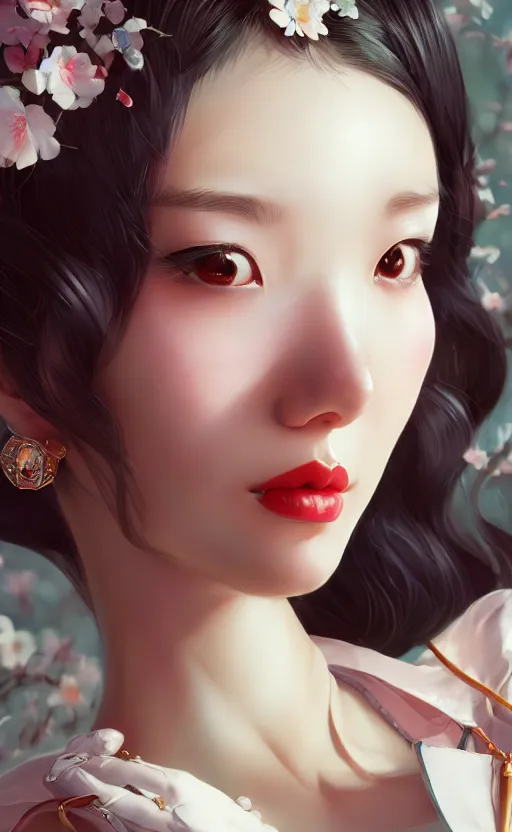 Image similar to a pin up and beautiful fashion charming dreamlke korea girl with lv jewelry, character art, art by artgerm lau and kyoung hwan kim and and ilya kuvshinov and john singer sargent, hyperdetailed, 8 k realistic, symmetrical, frostbite 3 engine, cryengine, dof, trending on artstation, digital art