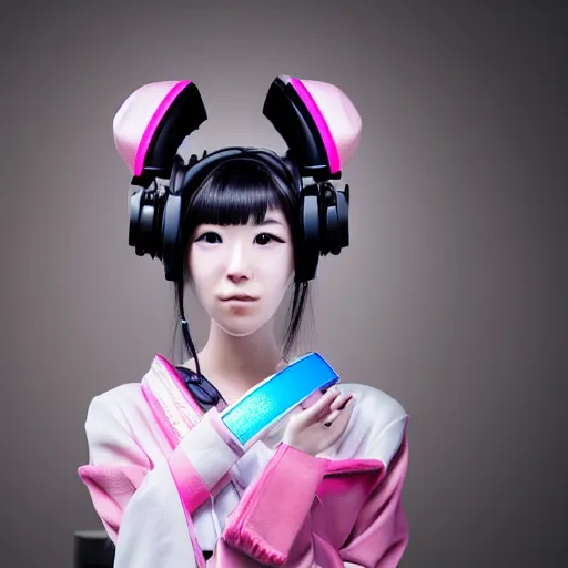 Image similar to photorealistic portrait of cute cyber punk geisha girl from Japan. she is wearing heavy complicated future headsets. award winning, taken by canon 5d mk4, art lens, perfect lighting, sci-fi, at 2200