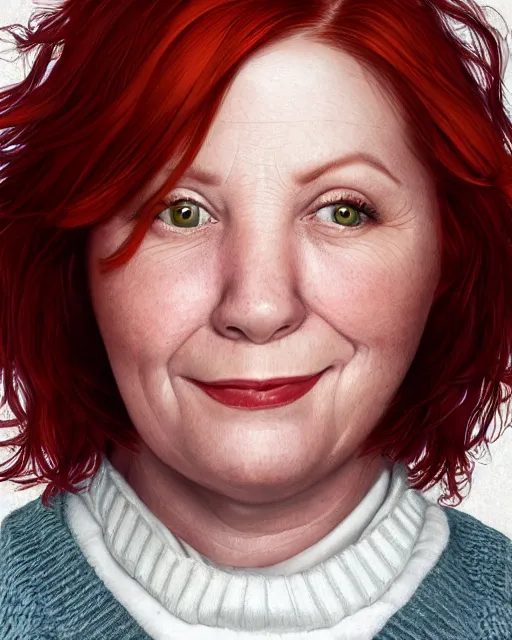 Image similar to portrait of happy short and plump 5 0 - year - old woman with red hair and, kind face, round face, short hair, molly weasley, wearing in cardigan, hyper realistic face, beautiful eyes, character art, art by mark brooks, hyperdetailed, cryengine, trending on artstation, digital art