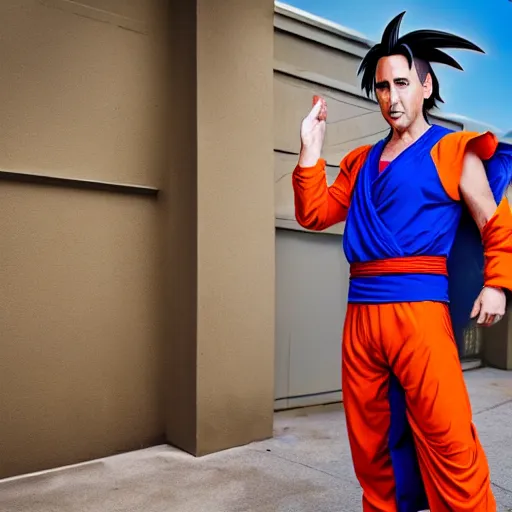 Image similar to nicholas cage wearing a goku from dragon ball z cosplay. photography. 4 k. photoshoot. full body.