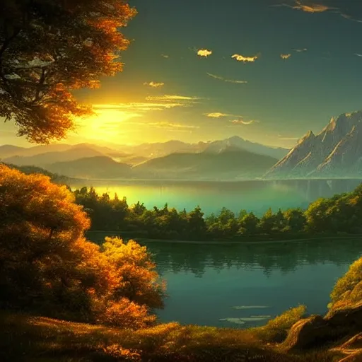 Image similar to a masterpiece detailed beautiful landscape, trees, lake, mountains, golden hour, sunset, by Makoto Shinkai