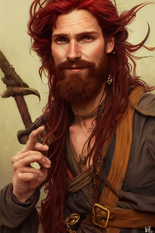 Prompt: portrait of a young ruggedly handsome but joyful pirate, male, masculine, full body, red hair, waist long hair, d & d, gold earring, fantasy, intricate, elegant, highly detailed, digital painting, artstation, concept art, matte, sharp focus, illustration, art by artgerm and greg rutkowski and alphonse mucha