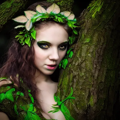 Prompt: young woman in a forest nymph costume striking a pose, intricate hairstyle, professional body paint, portrait photography, digital, photoshop, Helios 44-2, high definition, award winning, 4K UHD