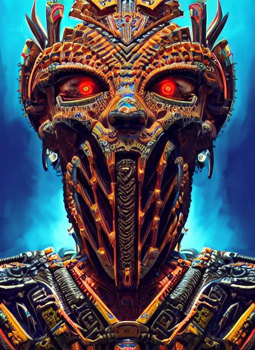 Image similar to hyper detailed ultra sharp of a aztec biomechanical warrior trance man. trending on artstation, warpaint aesthetic, earthwave, colorful, psychedelic, ornate, intricate, digital painting, concept art, smooth, sharp focus, illustration, art by artgerm and greg rutkowski and h. r. giger, 8 k