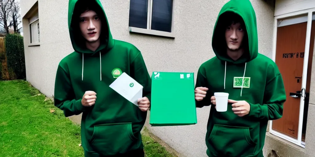Prompt: postman bring a dark green hoodie, man standing near the house, welcoming the postman receiving package and cry of happiness