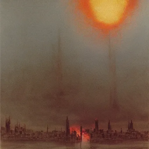 Image similar to a city being annihilated by nuclear hellfire, a nuclear blast, painted by zdzislaw beksinski, melancholy